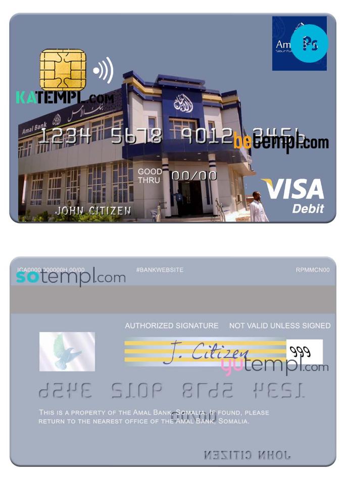 Somalia Amal Bank visa debit card template in PSD format, fully editable